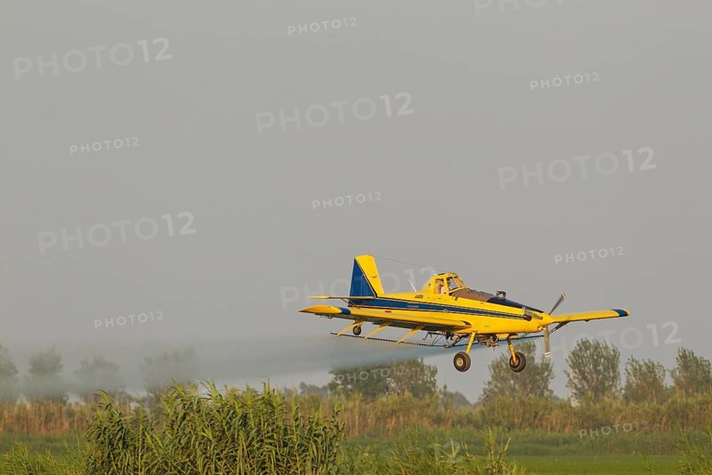 Crop duster plane flying low while spraying an anti mosquito substance onto the rice fields