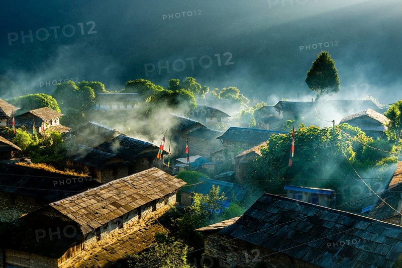 View on village in morning light