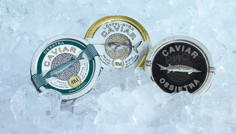 Three cans of caviar on ice