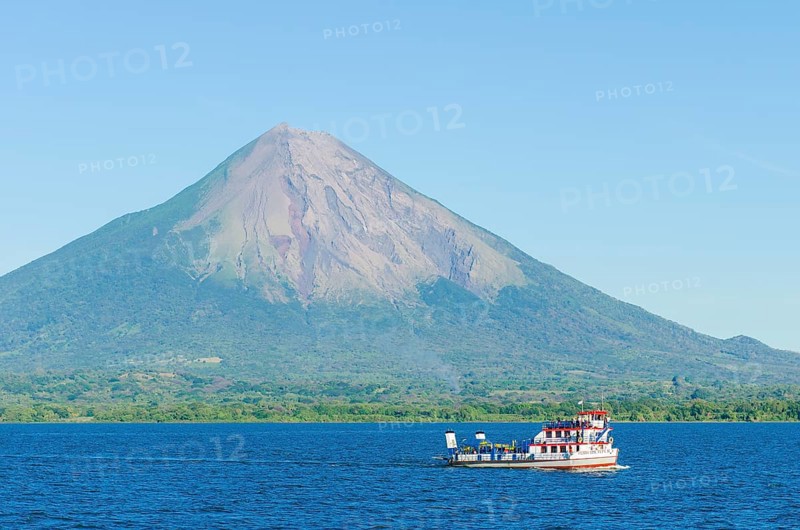 Ferry in front of the island of Ometepe with the volcano Concepcion