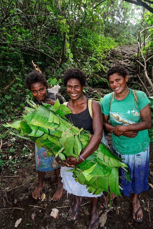 Native women with collected banana leaves