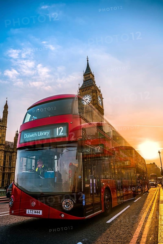 Red double decker bus in front of Big Ben