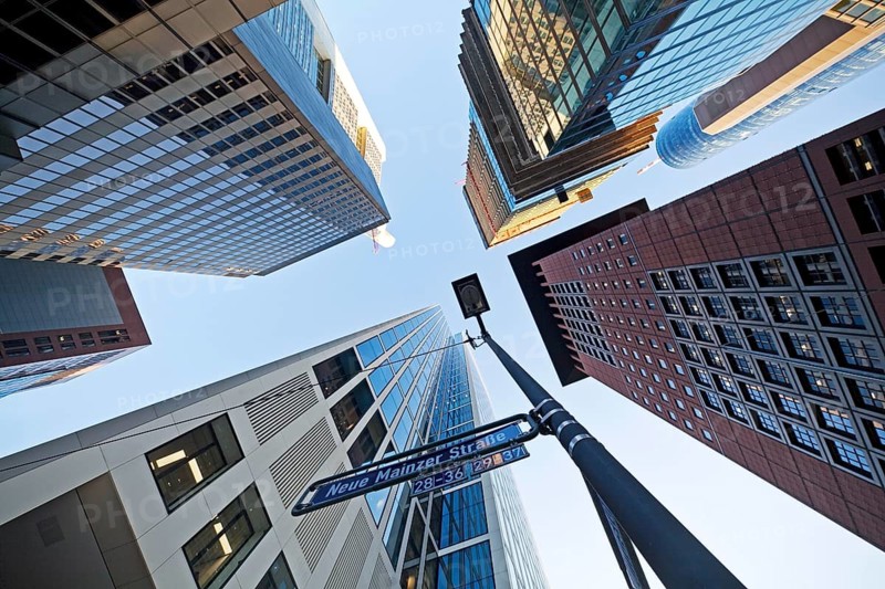 Frog's eye view of skyscrapers in the banking district