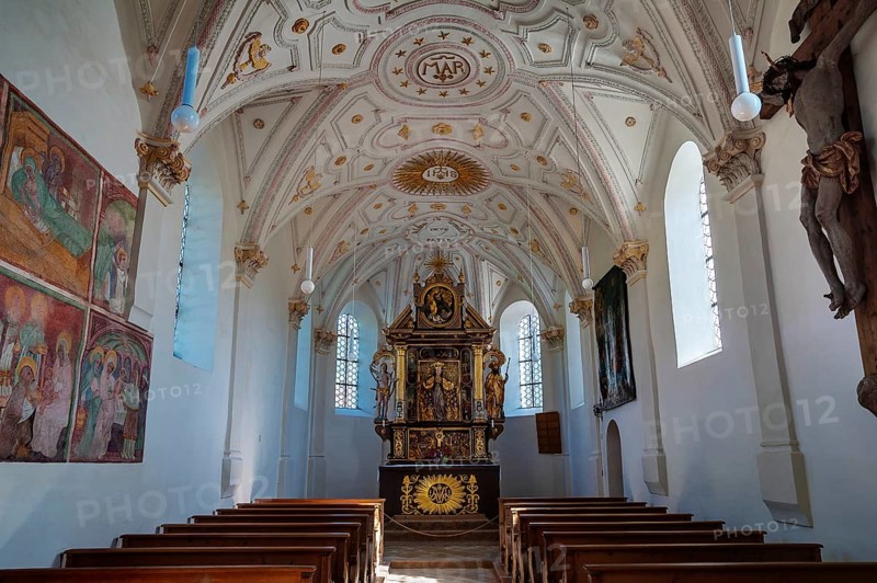 Interior with altar of Chapel of Maria Schutz in Fischbachau
