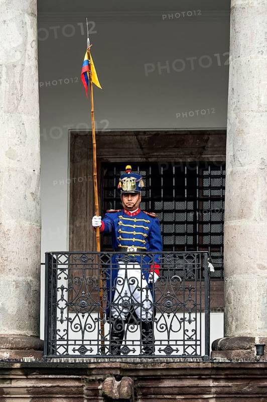 Soldier of the Presidential Guard keeps watch on balcony