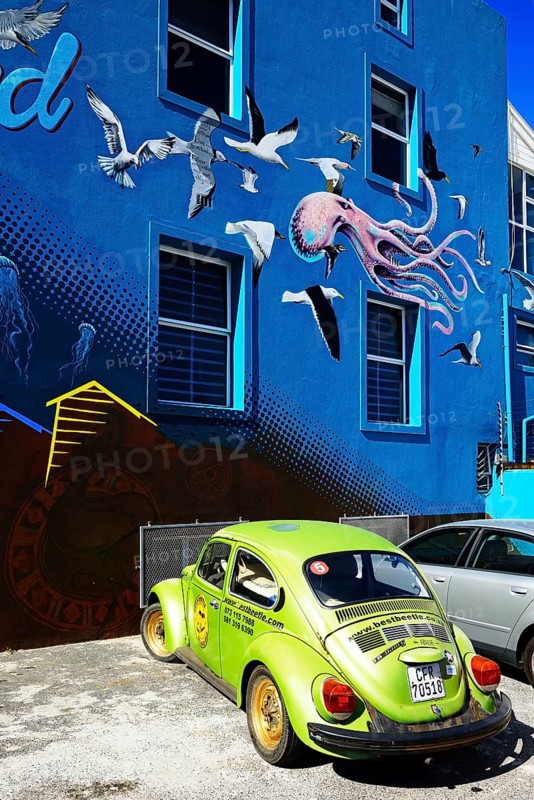 Green VW Beetle in front of painted house facade