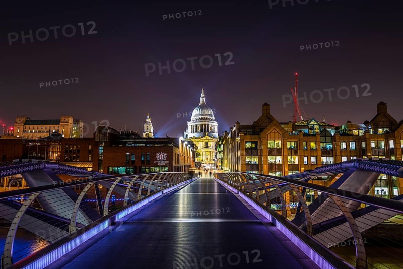 Illuminated Millennium Bridge and St. Paul's Cathedral