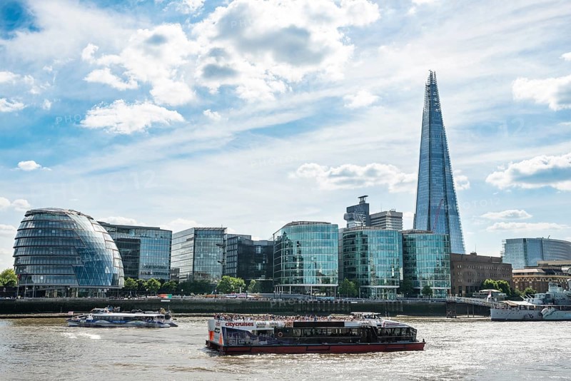 View over the Thames on More London Riverside with City Hall and skyscraper The Shard