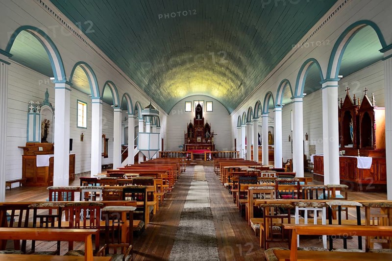 Interior of the wooden church Iglesia de Nuestra Senora del Patrocinio