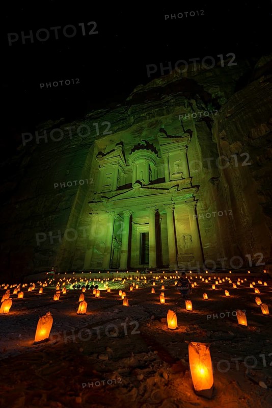 Candles in front of the Pharaoh's treasure house at night