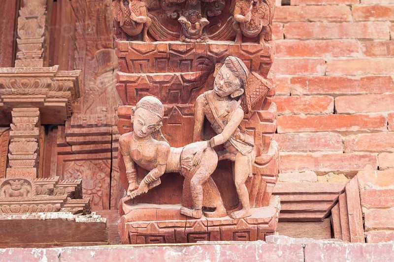 Kamasutra sex position depicted at the Jagannath Mandir Temple at Durbar Square in Kathmandu