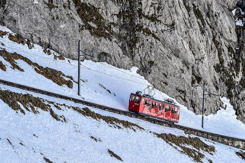 Rack railway going up Mount Pilatus in winter