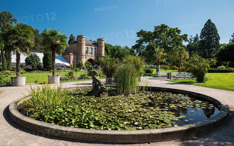 Water lily basin in front of the arched building