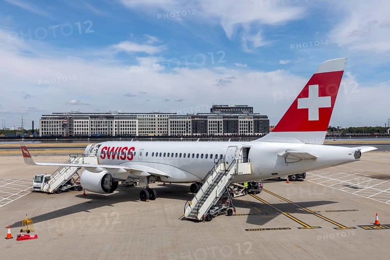 A Bombardier CS100 from Swiss airline Swiss is ready for departure at London City Airport