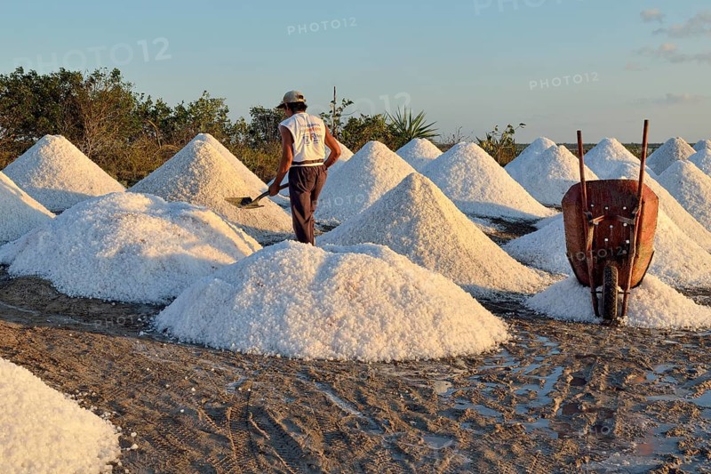 Worker between salt cones