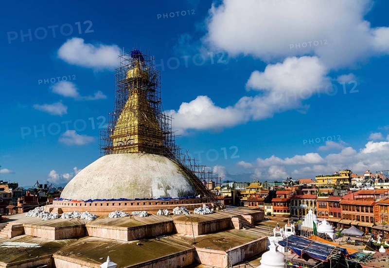 Scaffolding around upper part of Boudhanath