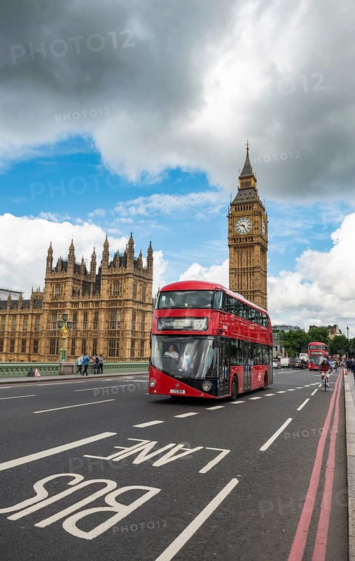 Red double-decker bus on the Westminster Bridge
