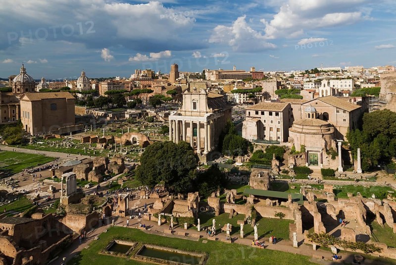 Top view of Roman Forum ruins with Curia