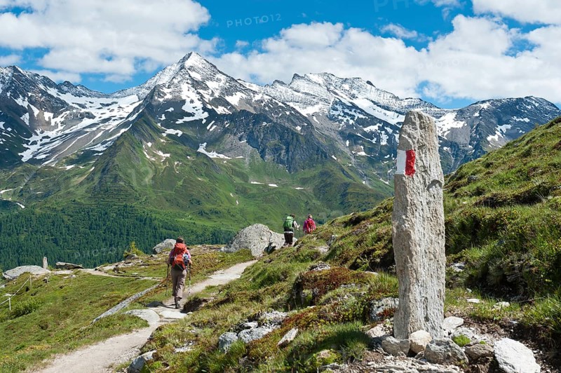 Three hikers on hiking trail