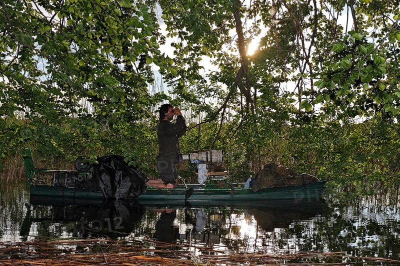 Nature photographer on boat with binoculars