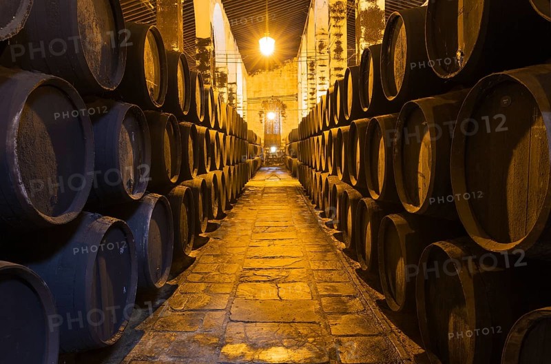 Stacked oak barrels in the wine cellar