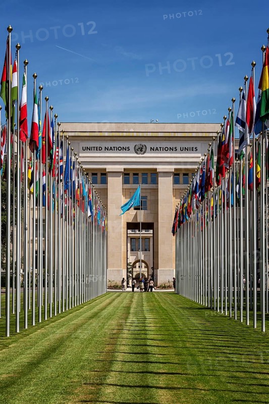 Flags in front of the Palace of Nations