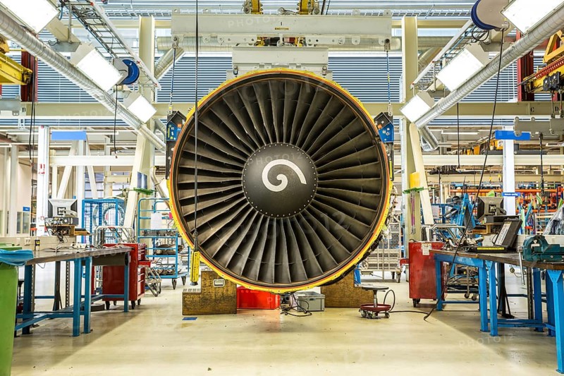 Aircraft engine's maintenance in huge industrial hall