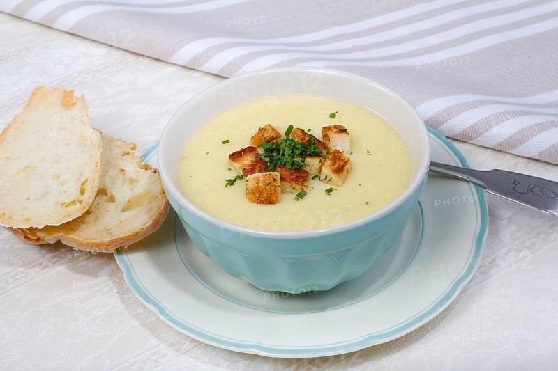 Cheese soup with herb croutons