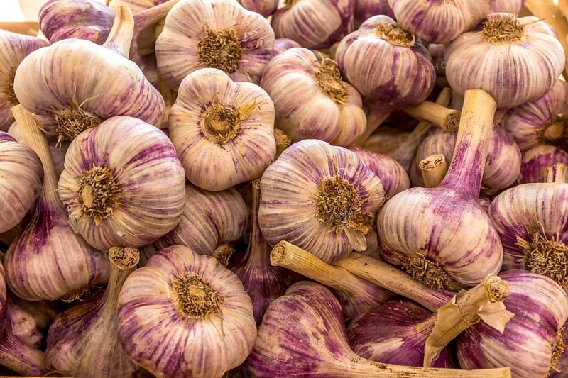 Fresh garlic for sale on a market stall