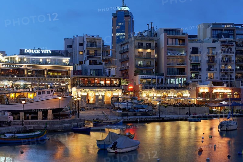 Spinola Bay with terrace taverns and Portomaso Tower