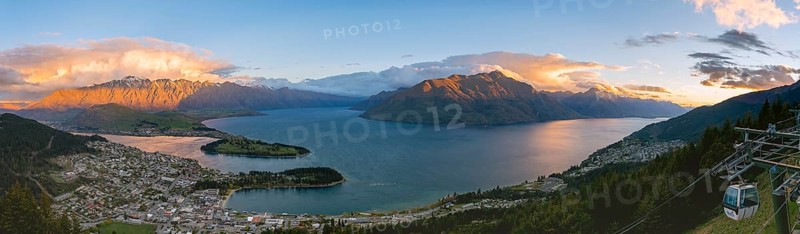 View of Lake Wakatipu and Queenstown at sunset