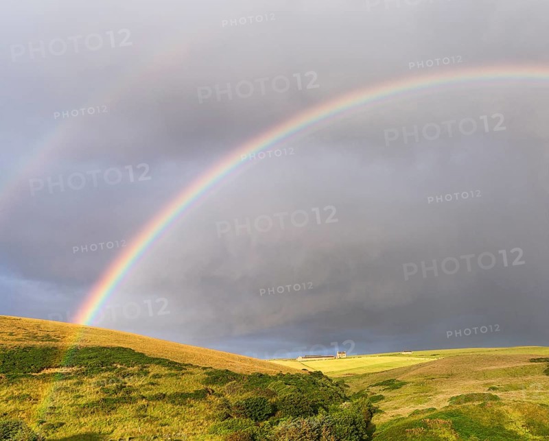 Double rainbow over meadow landscape