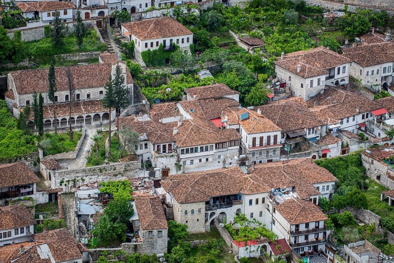 View on houses with old tiled roofs