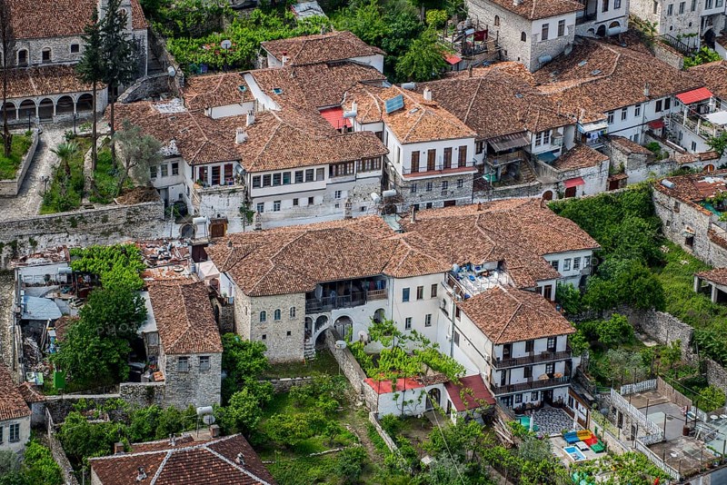 View on houses with old tiled roofs