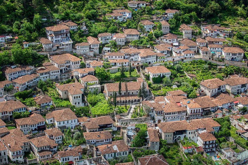View on houses with old tiled roofs