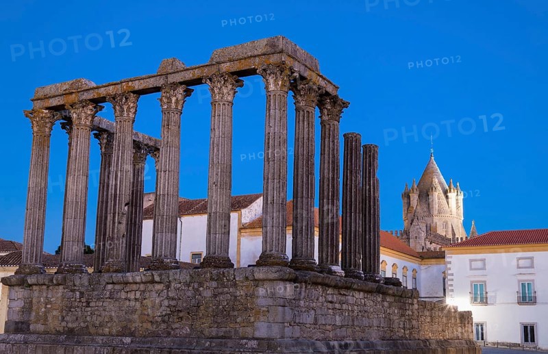 Roman temple of Diana in front of the Santa Maria Cathedral at twilight