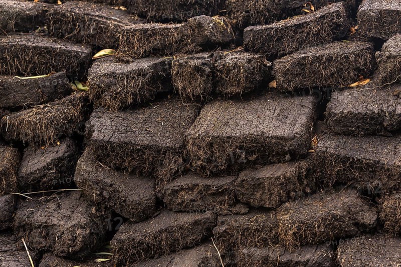 Stacked cut peat in raised bog