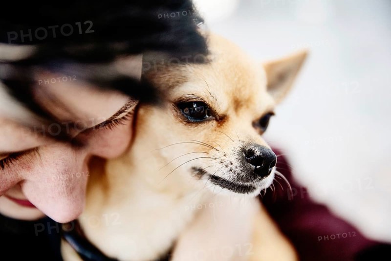 Woman caresses her dog