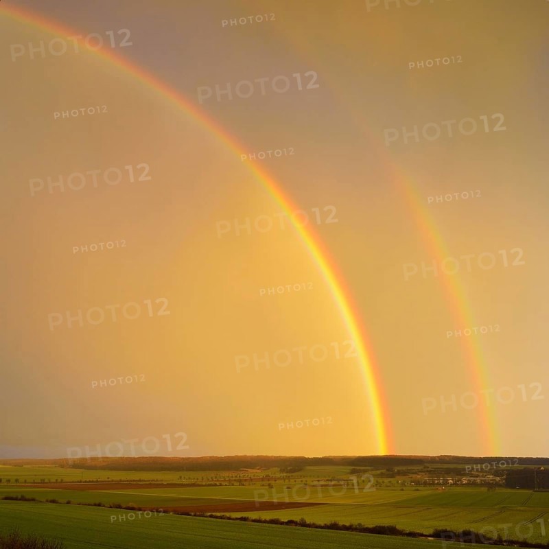 Double rainbow over agricultural landscape