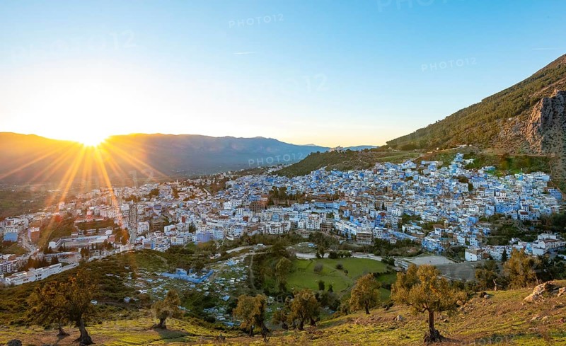 View on Chefchaouen with last sunbeams at sunset