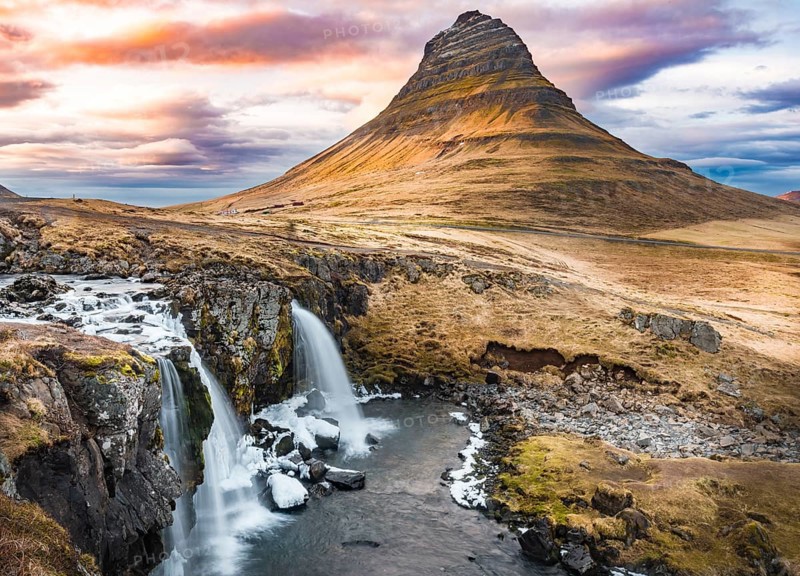 Mount Kirkjufell with Kirkjufellsfoss Waterfall