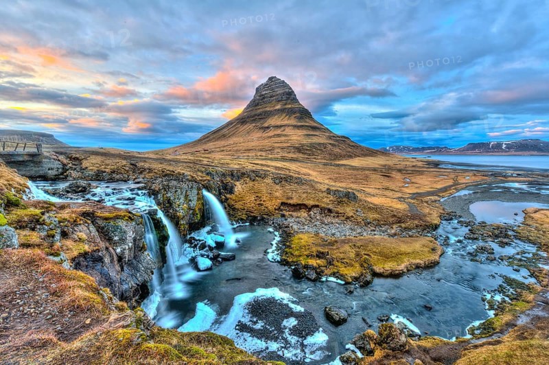 Mount Kirkjufell with Kirkjufellsfoss Waterfall