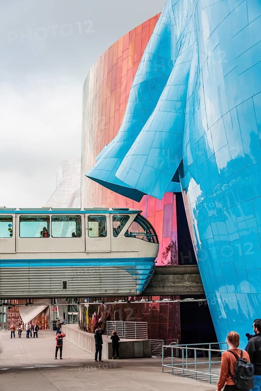 Monorail train runs through the Museum of Pop Culture