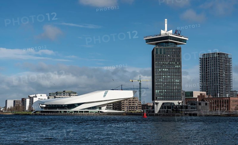 Building of the modern cultural centre EYE Filmmuseum with the A'DAM Tower and viewing platform