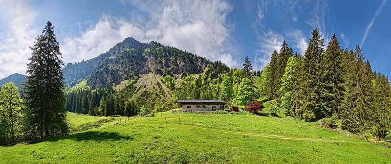 Alpine pasture with alpine chalet near Hochgern mountain range