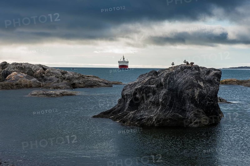 Expedition ship in the rocky bay