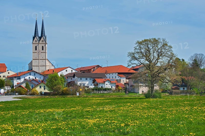Spring meadow in front of the pilgrimage church St. Maria Himmelfahrt in Tuntenhausen