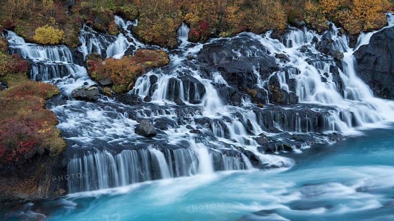Hraunfossar waterfall in autumn