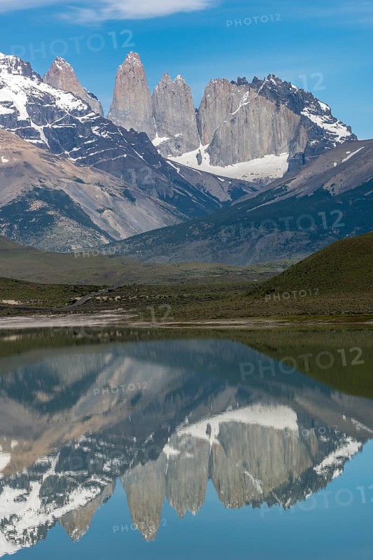 Mountain massif Torres del Paine reflected in Lago Amarga