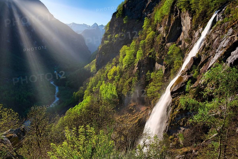 Waterfall with morning sun in Val Bavona